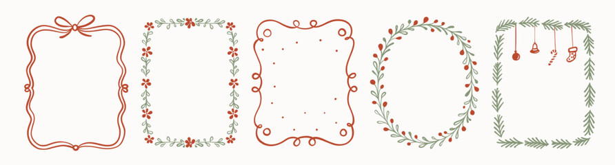 Hand drawn Christmas frames and borders collection. Festive doodle style with bow, holly, berries, pine branches, floral wreath and hanging ornaments. Decorative Xmas design for cards, posters