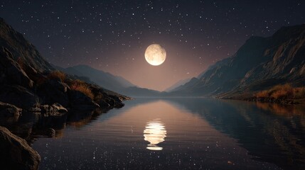 Magnificent moonlit landscape featuring serene lake and majestic mountains at night with countless