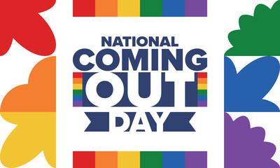National Coming Out Day. Happy holiday. Pride month. LGBT rainbow flag. Diversity and equality. Gay and lesbian. Free love, heart shape. Illustration. Vector poster
