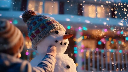 Child builds snowman wearing hat. Winter snow falling as child adds details to snowman face. Girl in glove and scarf playing in outdoor light. Snow, child, snowman, hat, glove, winter, scarf, light - Powered by Adobe