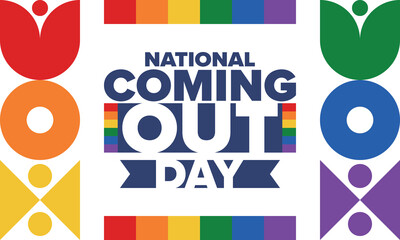 National Coming Out Day. Happy holiday. Pride month. LGBT rainbow flag. Diversity and equality. Gay and lesbian. Free love, heart shape. Illustration. Vector poster