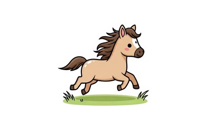 Fototapeta premium A cute cartoon illustration of a light brown horse with a dark brown mane and tail running through green grass.