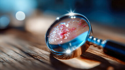 Obraz premium Close up of magnifying glass focusing on deep layer of skin, dermis magnification at dermatologist