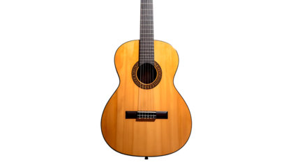 A light-brown classical guitar, its wood grain visible, is presented against a stark black background.  The instrument is shown from the front, showcasing its body, neck, and soundhole