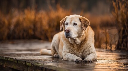Golden Labrador Retriever rests peacefully on a wooden dock near a tranquil body of water, surrounded by golden reeds during sunset.