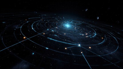 Futuristic space exploration concept visualizing a complex network of celestial bodies