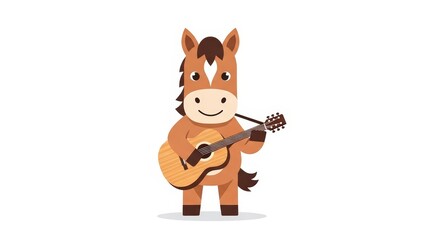 A cute cartoon horse playing an acoustic guitar with a happy expression.