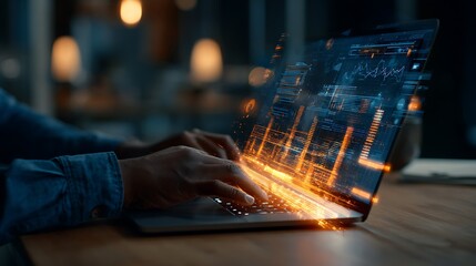 Futuristic programmer coding data analytics on laptop