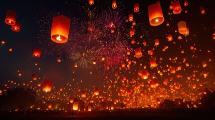 Spectacular Night Sky Illuminated by Floating Lanterns and Fireworks Display Celebration