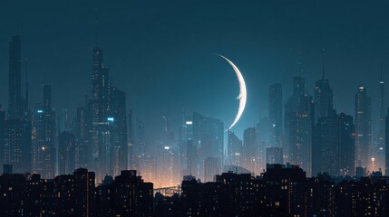 Futuristic cityscape at night with crescent moon adding a touch of ethereal beauty