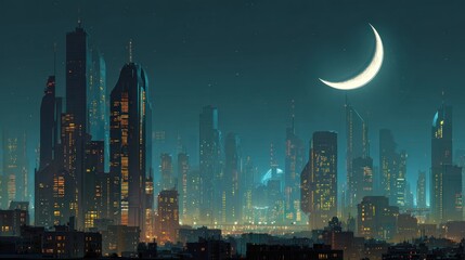 Futuristic cityscape illuminated under a crescent moon creating a serene atmosphere