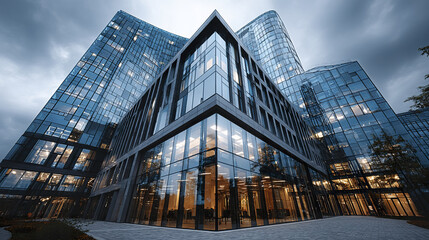 Fototapeta premium Modern glass office building corner with reflective windows under cloudy sky, showcasing sleek architecture and illuminated interior creating dynamic urban atmosphere