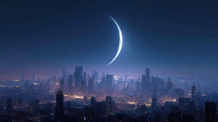 Futuristic metropolis under a crescent moon in a serene twilight sky cityscape illustration