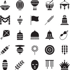 Collection of indian festival and celebration icons in silhouette