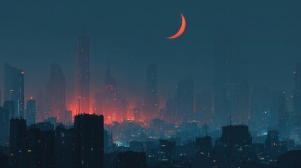 Futuristic cityscape under the crescent moon with a glowing skyline at night creating a dreamlike