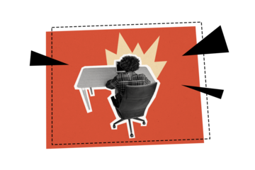 Composite photo collage of anonym businessman freelancer sit office table type laptop sit chair workflow isolated on painted background