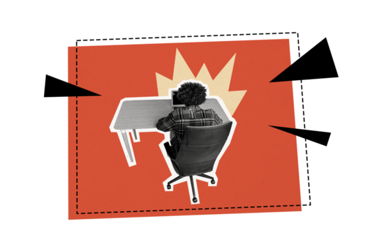 Composite photo collage of anonym businessman freelancer sit office table type laptop sit chair workflow isolated on painted background