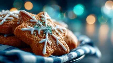 Festive gingerbread star cookies decorated with white icing and sparkling sugar crystals