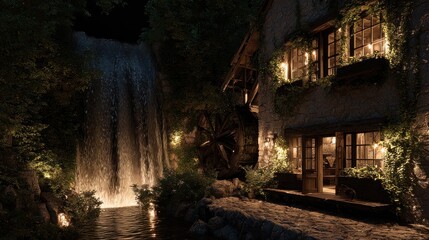 Enchanting watermill house with a cascading waterfall illuminated at night, creating a magical