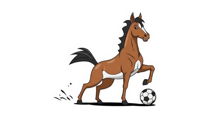 Fototapeta premium A cartoon brown horse with a black mane and tail playfully kicking a soccer ball with its front hoof.