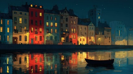 Captivating cityscape watercolor painting reflecting on calm waters at twilight hour creating a