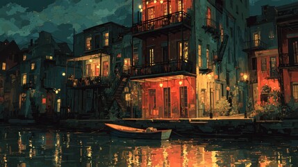 Enchanting New Orleans night scene reflecting illuminated buildings on calm water