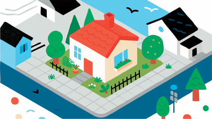 Simple, minimalist illustrations featuring Scandinavian-style houses. Residential neighborhood. My home. Detached house. Real estate. Miniature garden.