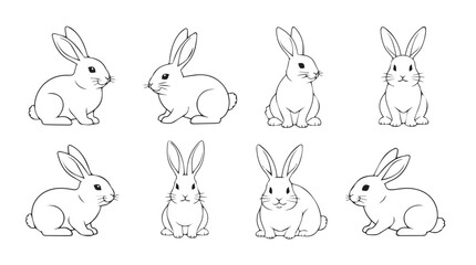 Set of eight charming hand-drawn line art rabbits in various cute poses for spring and easter themes silhouette