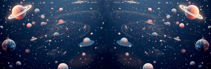 Stunning cosmic scene with vibrant planets and swirling galaxies, perfect for sci-fi projects, wallpapers, or space-themed designs. cosmic space planets galaxies banner