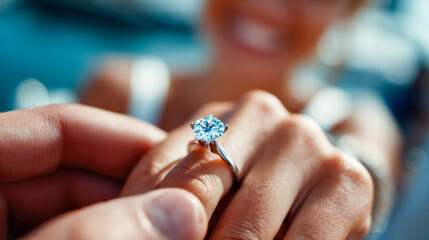 Man placing a diamond engagement ring on his bride finger, close-up view