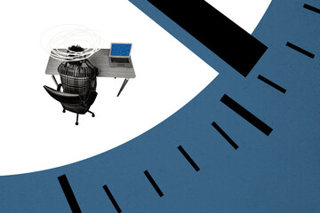 Composite creative art collage of puzzled man freelancer sit office table chair laptop time dial...