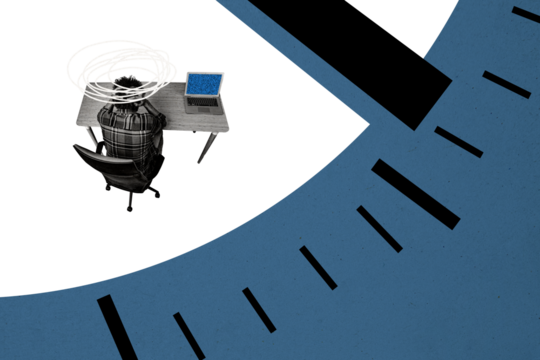 Composite creative art collage of puzzled man freelancer sit office table chair laptop time dial expire isolated on painted background