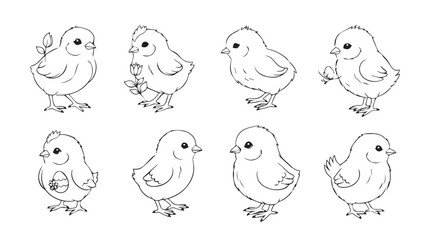 Collection of adorable hand-drawn baby chicks various poses simple outline art silhouette