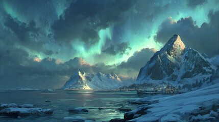 Majestic snowy mountains under the aurora borealis painting offer a breathtaking and scenic view