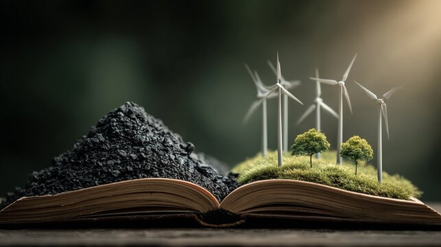 Open book with wind turbines and trees growing on coal symbolizes the transition to renewable energy and environmental awareness