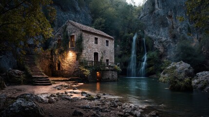 Enchanting stone house nestled beside a tranquil lake and cascading waterfall landscape