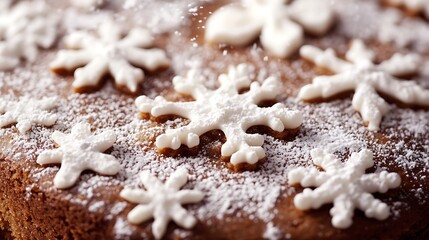 Closeup of a christmas cake decorated with snowflake cookies and powdered sugar, creating a festive and delicious dessert for holiday celebrations
