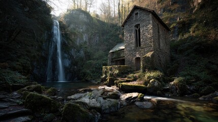 Picturesque waterfall and old stone house nestled in a lush green forest setting