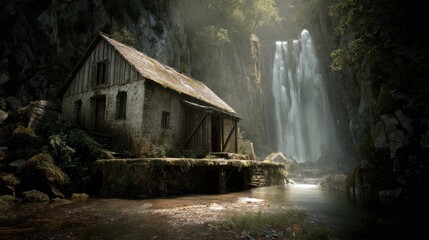 Picturesque Water Mill House by a Waterfall in a Mystical Forest Setting at Dusk