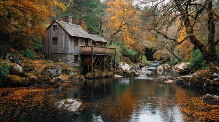 Charming old watermill nestled beside a serene river in the autumn season landscape view