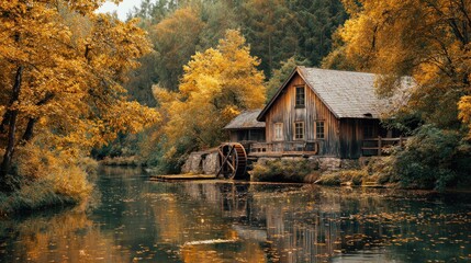 Picturesque watermill house reflecting in the tranquil river surrounded by autumn trees beautiful