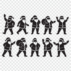 Silhouette Santa Claus Poses Vector Set. Black silhouette vector set featuring Santa Claus in various festive poses. Perfect for Christmas greeting cards, holiday decorations, winter sale banners.