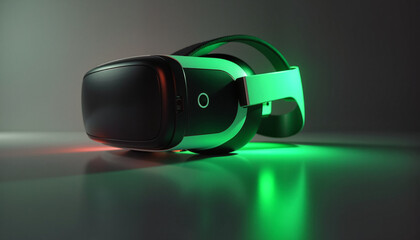 Virtual reality headset, symbolizing immersive technology in neon green light, concept for modern...
