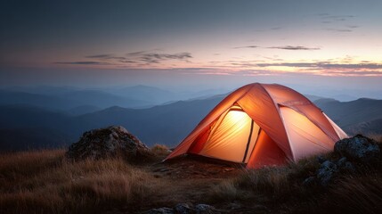 Illuminated tent in mountain landscape at sunset creates a serene camping experience
