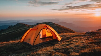 Serene Mountain Camping Experience with a Breathtaking Sunset View and Orange Tent