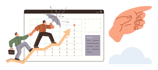 Two individuals climbing an upward arrow, one holding an umbrella against arrows, graph background, guiding hand. Ideal for teamwork, leadership, growth, success strategies, challenges guidance
