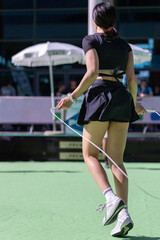 Skipping Exercise Outdoors, Woman Jumping Rope On Green Surface
