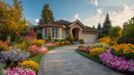 Front yard of a house with trees, plants and green lawn