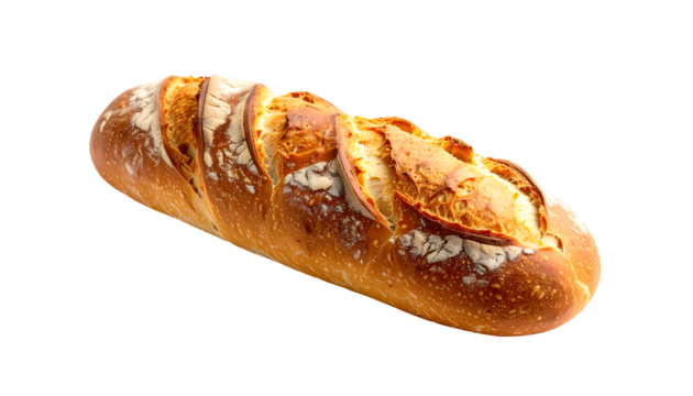 Golden-brown sourdough baguette, artisan-baked, with a crisp crust and visible slashes, showing airy interior texture