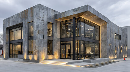 Modern commercial building with large glass windows and concrete exterior, illuminated warmly at dusk, showcasing contemporary architectural design and clean lines